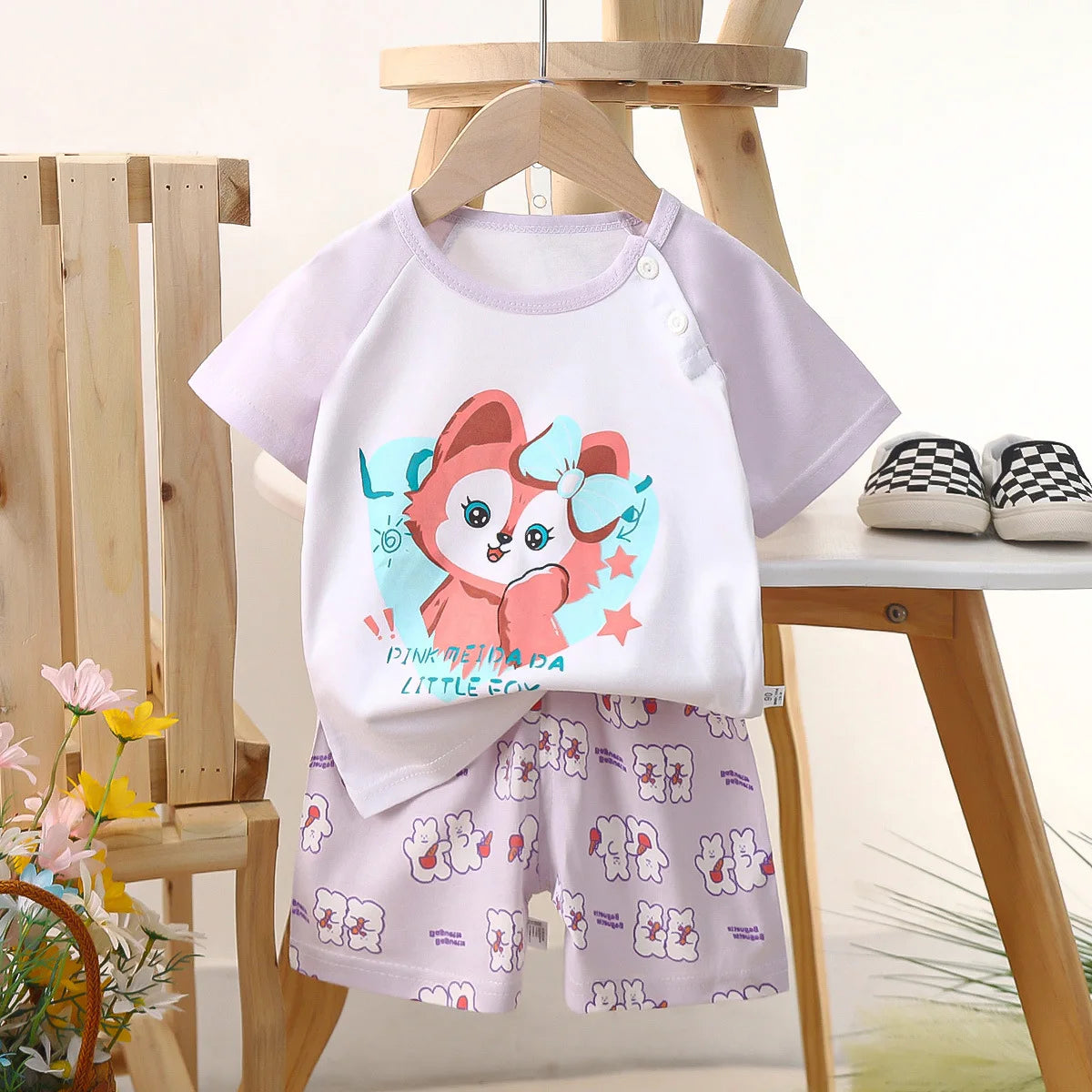 Conjunto de manga corta para niños, ropa de verano de algodón puro, camiseta fina para niñas, ropa para bebés