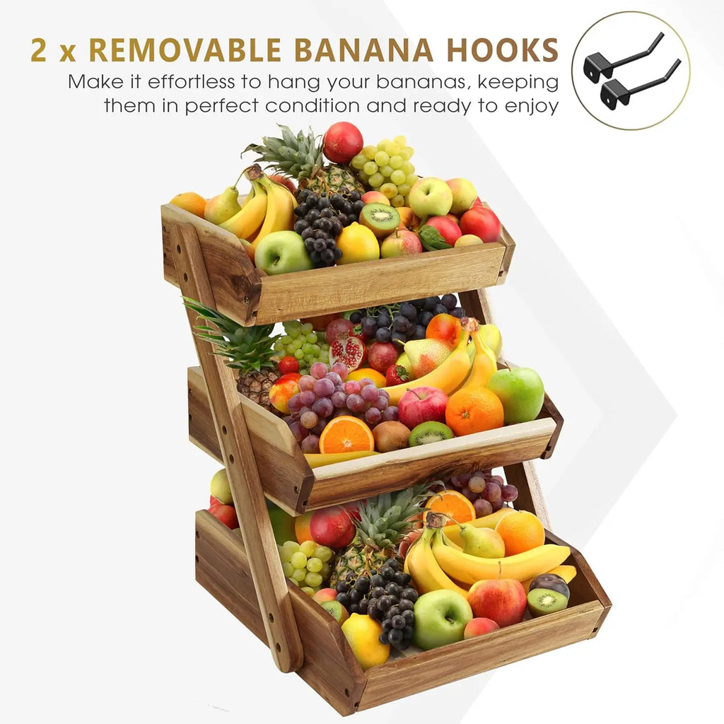 Cesta de frutas de 3 niveles para cocina: soporte duradero, multifuncional, para frutas y verduras de gran capacidad con organizador de aperitivos