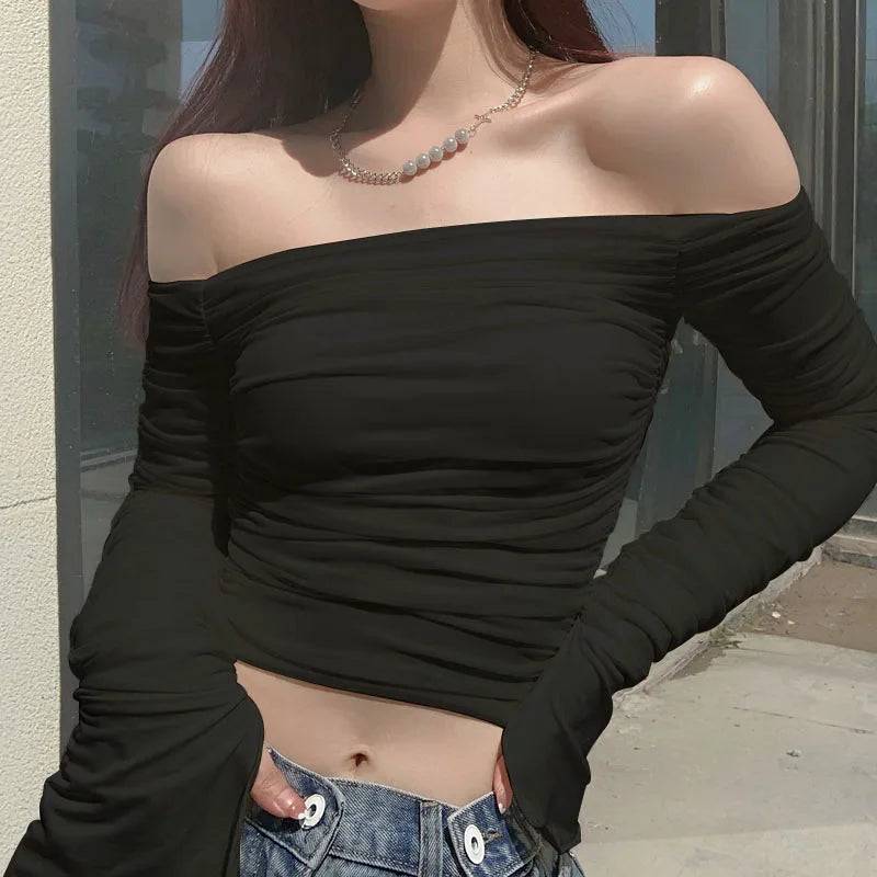 Camiseta de retales de malla para mujer, Top corto de manga larga fruncido con hombros descubiertos, Bodycon Sexy, ropa de calle elegante para primavera y verano 2024