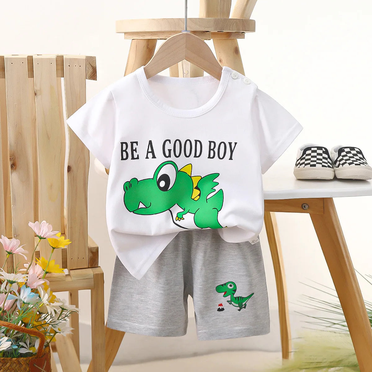Conjunto de manga corta para niños, ropa de verano de algodón puro, camiseta fina para niñas, ropa para bebés