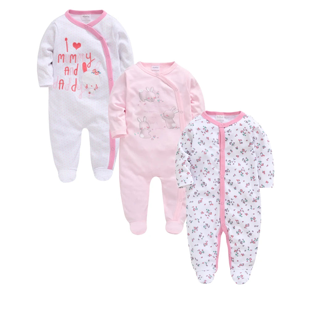 3 unids/lote 100% de ropa de algodón para niñas, peleles de manga larga para recién nacidos de 0 a 12M, mono con estampado de cartón para primavera y otoño