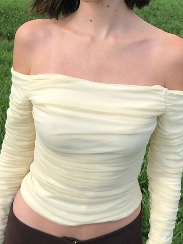 Camiseta de retales de malla para mujer, Top corto de manga larga fruncido con hombros descubiertos, Bodycon Sexy, ropa de calle elegante para primavera y verano 2024