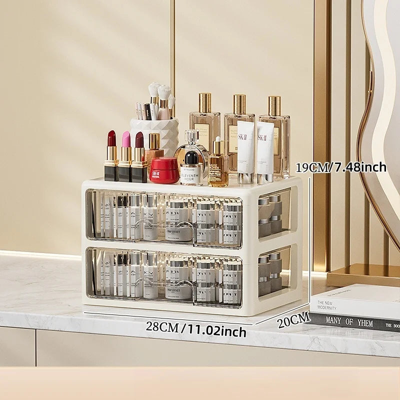 Caja de cosméticos de color crema, organizador de lápiz labial/máscara multicompartimento, cómoda para el cuidado de la piel/pinceles de maquillaje, 1-4 niveles