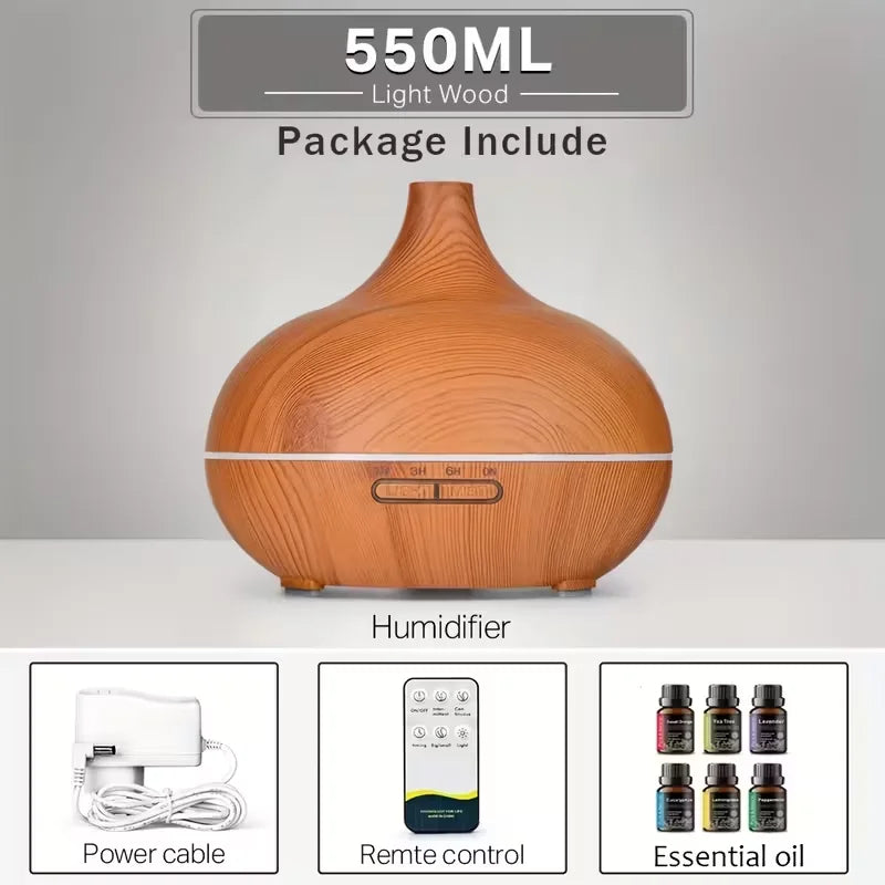 Difusor de Aceites Esenciales de Aromaterapia de Alta Calidad de 550 ml, Humidificador de Aire Ultrasónico con Control Remoto y Acabado en Madera, con Luz de 7 Colores
