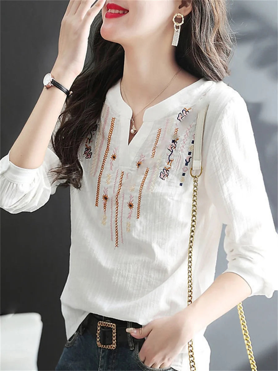 Blusas blancas de primavera y otoño para mujer, Tops informales con bordado y cuello en V, Blusas holgadas Vintage de manga larga DF4272