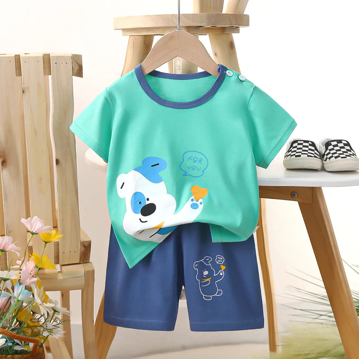 Conjunto de manga corta para niños, ropa de verano de algodón puro, camiseta fina para niñas, ropa para bebés