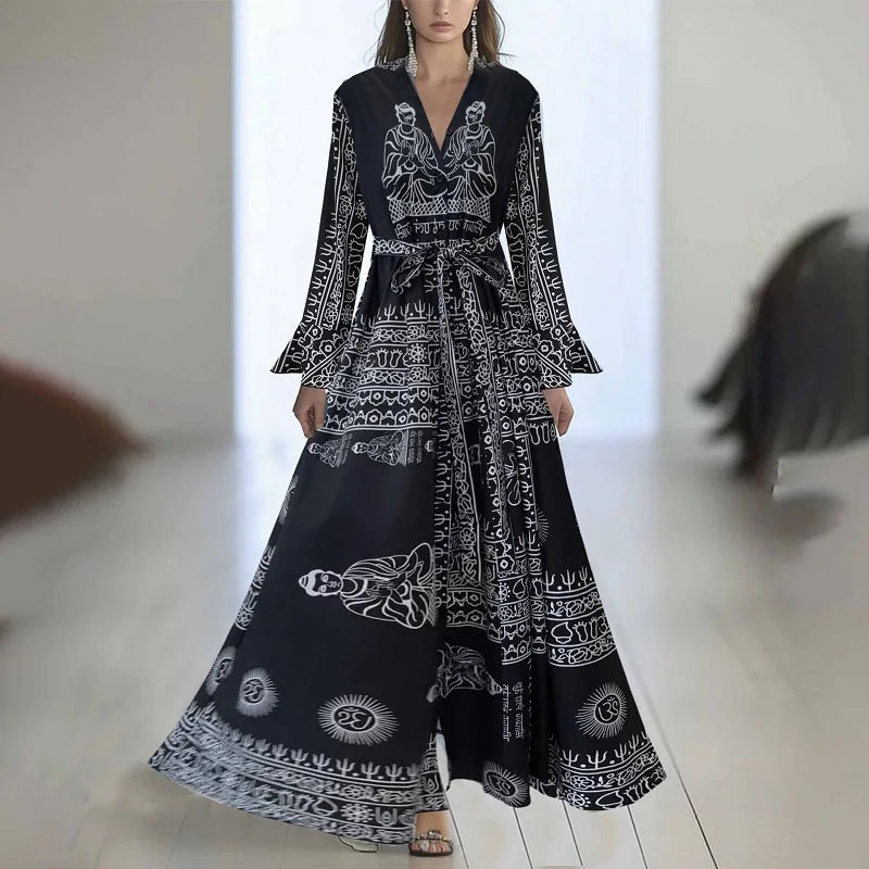 Batas mujer elegante estampado Floral Patchwork Maxi vestido Sexy cuello en V cintura alta vestido largo primavera Puff mangas vestido bohemio suelto