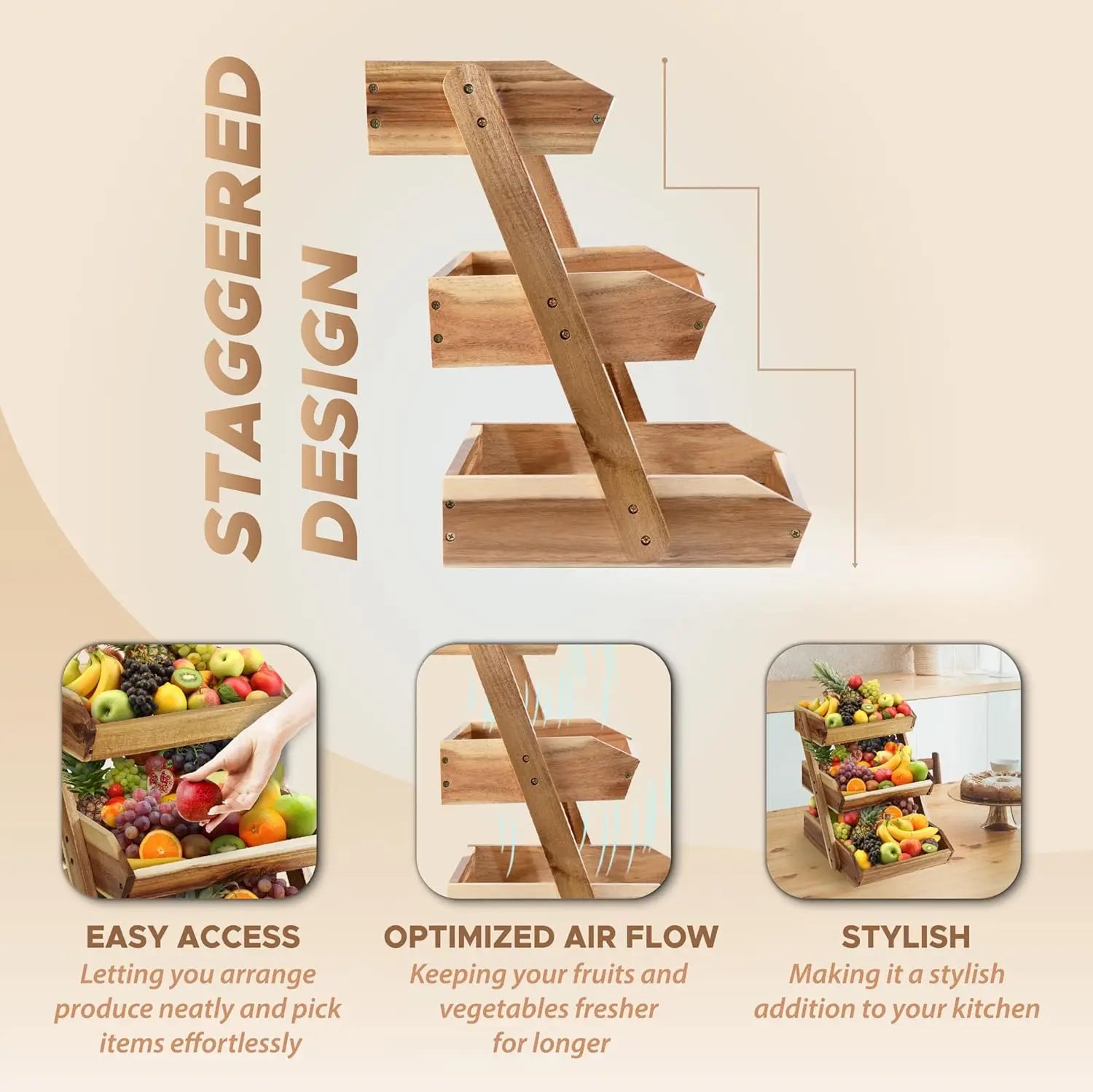 Cesta de frutas de 3 niveles para cocina: soporte duradero, multifuncional, para frutas y verduras de gran capacidad con organizador de aperitivos