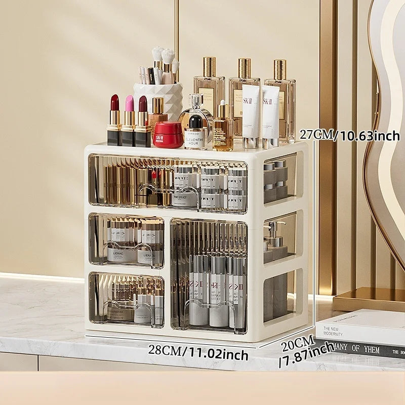 Caja de cosméticos de color crema, organizador de lápiz labial/máscara multicompartimento, cómoda para el cuidado de la piel/pinceles de maquillaje, 1-4 niveles