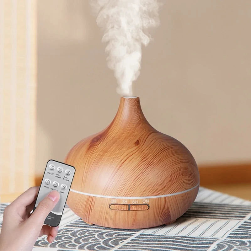 Difusor de Aceites Esenciales de Aromaterapia de Alta Calidad de 550 ml, Humidificador de Aire Ultrasónico con Control Remoto y Acabado en Madera, con Luz de 7 Colores