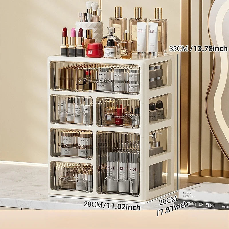 Caja de cosméticos de color crema, organizador de lápiz labial/máscara multicompartimento, cómoda para el cuidado de la piel/pinceles de maquillaje, 1-4 niveles
