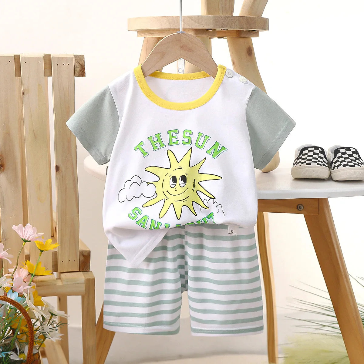 Conjunto de manga corta para niños, ropa de verano de algodón puro, camiseta fina para niñas, ropa para bebés