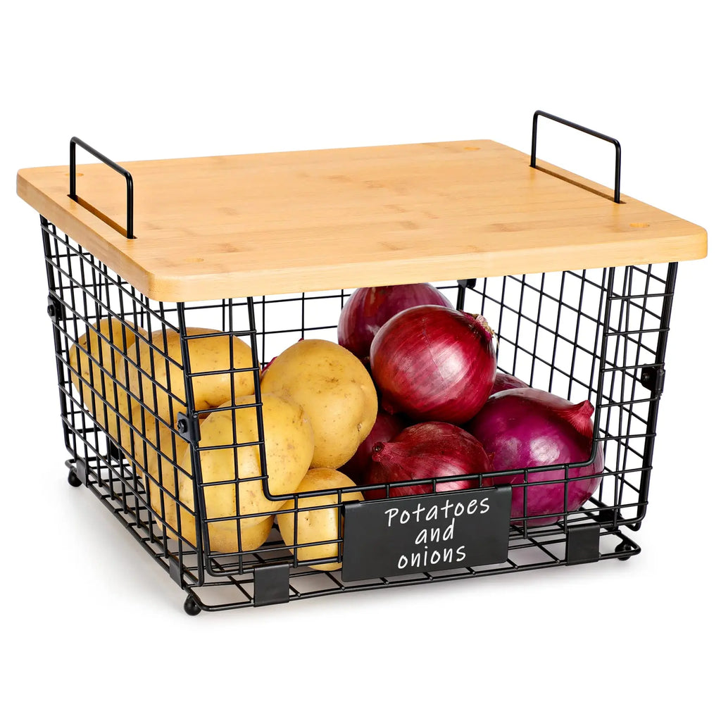 Cestas de alambre apilables de 2 piezas con tapa de bambú para despensa, organizadores y almacenamiento, organización de cocina, cesta de mostrador para verduras