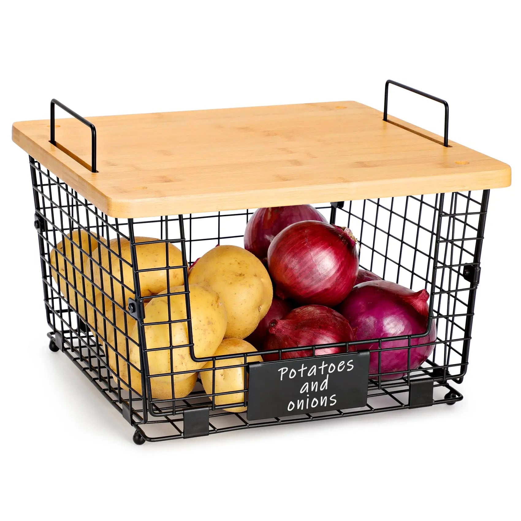 Cestas de alambre apilables de 2 piezas con tapa de bambú para despensa, organizadores y almacenamiento, organización de cocina, cesta de mostrador para verduras