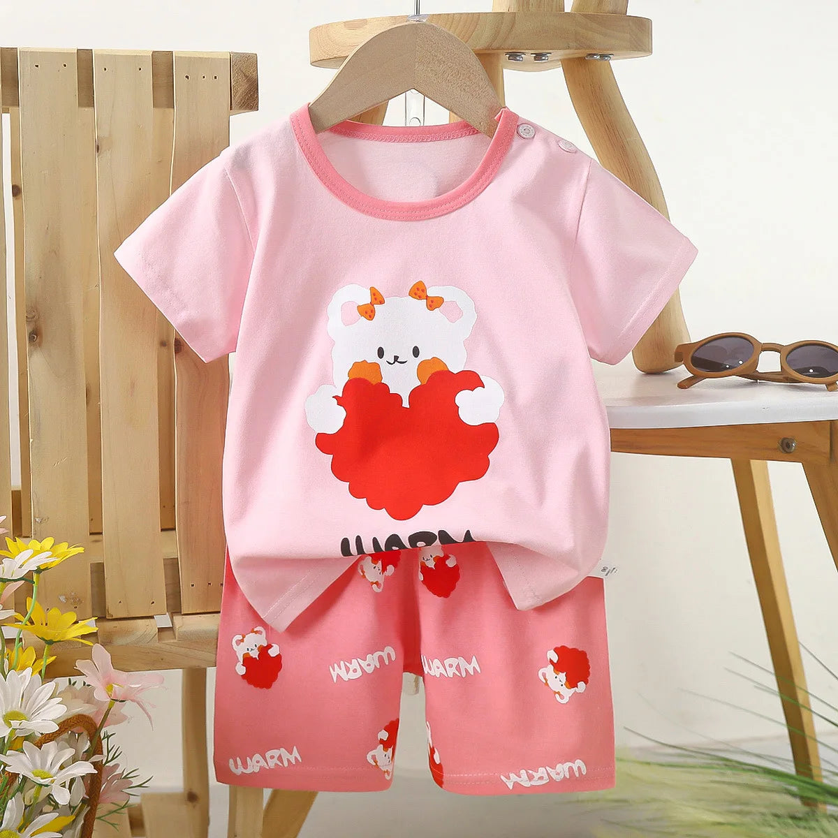 Conjunto de manga corta para niños, ropa de verano de algodón puro, camiseta fina para niñas, ropa para bebés