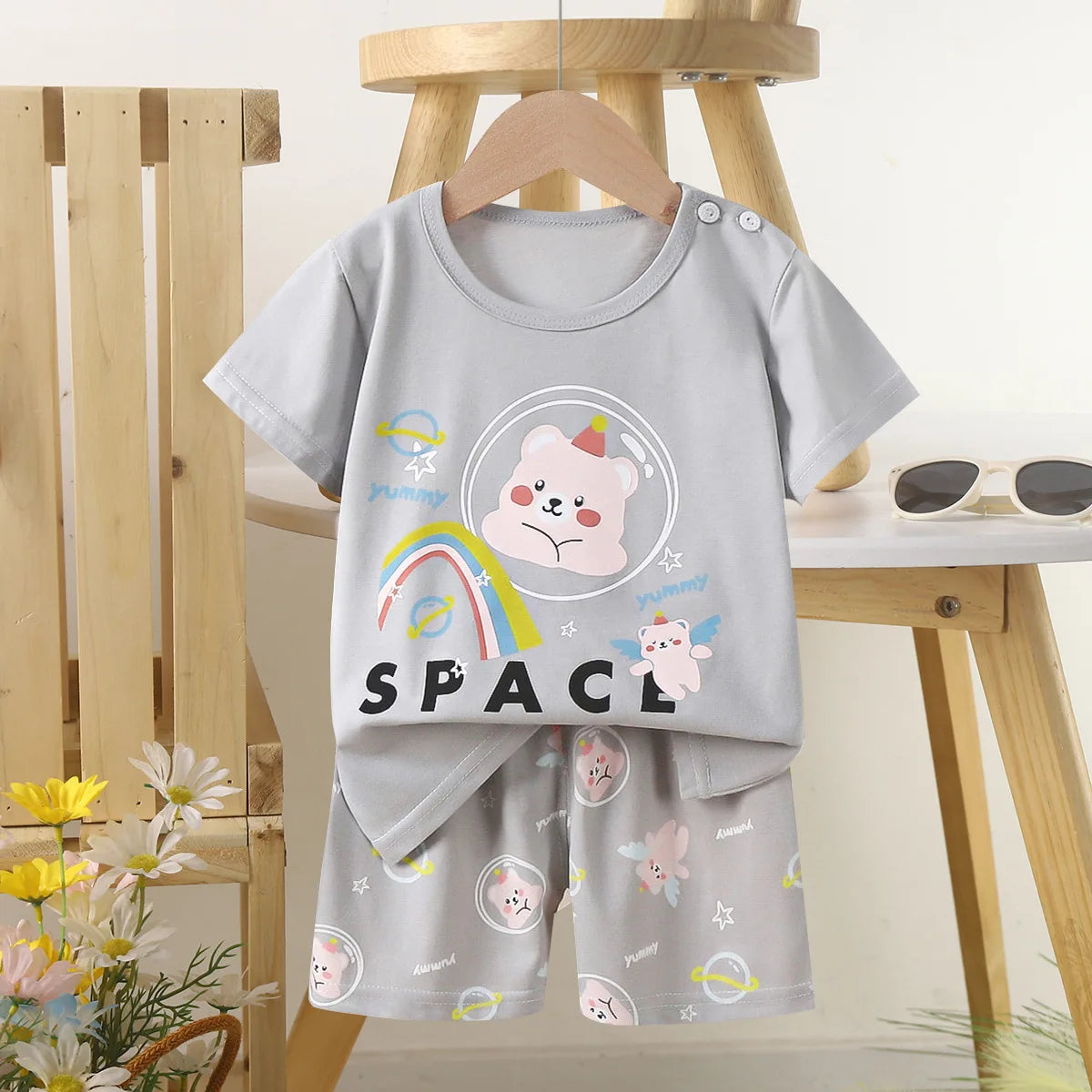 Conjunto de manga corta para niños, ropa de verano de algodón puro, camiseta fina para niñas, ropa para bebés