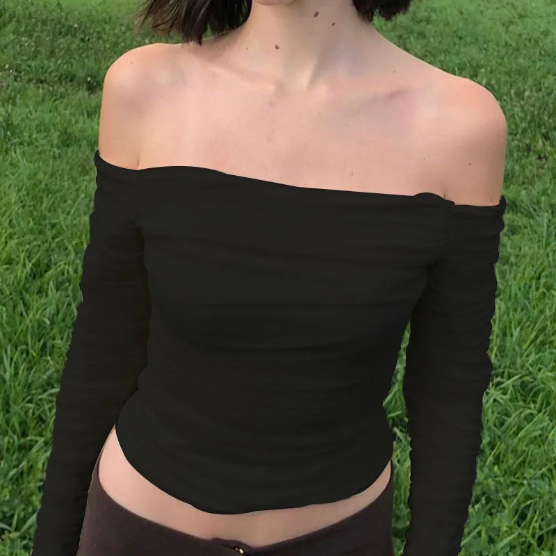 Camiseta de retales de malla para mujer, Top corto de manga larga fruncido con hombros descubiertos, Bodycon Sexy, ropa de calle elegante para primavera y verano 2024