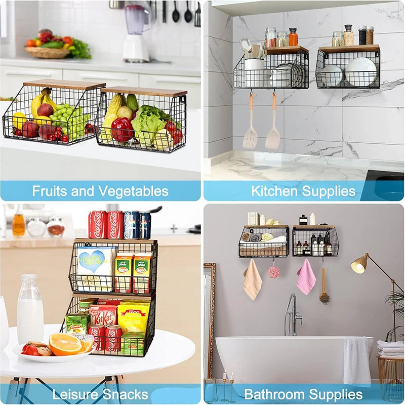 Cestas de Alambre para Almacenamiento de Frutas y Cebollas con Tapa de Madera, Multifuncionales, Apilables, para Montar en la Pared o Encimera de Cocina
