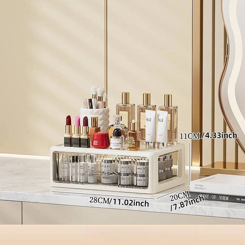 Caja de cosméticos de color crema, organizador de lápiz labial/máscara multicompartimento, cómoda para el cuidado de la piel/pinceles de maquillaje, 1-4 niveles
