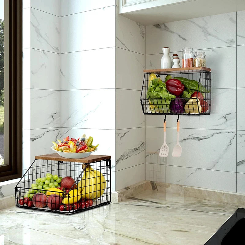 Cestas de Alambre para Almacenamiento de Frutas y Cebollas con Tapa de Madera, Multifuncionales, Apilables, para Montar en la Pared o Encimera de Cocina