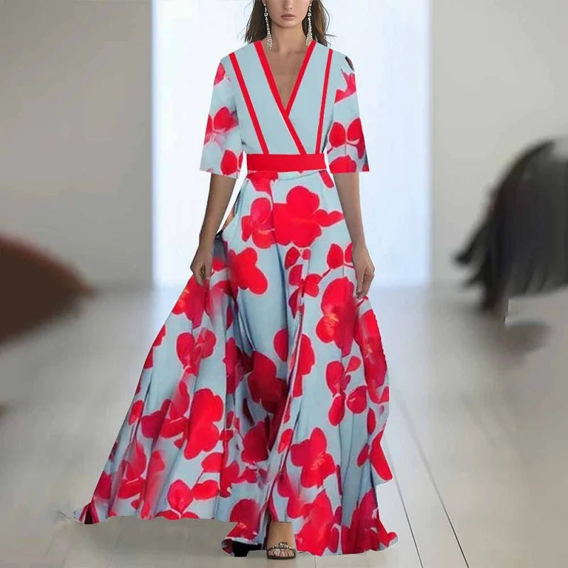 Batas mujer elegante estampado Floral Patchwork Maxi vestido Sexy cuello en V cintura alta vestido largo primavera Puff mangas vestido bohemio suelto
