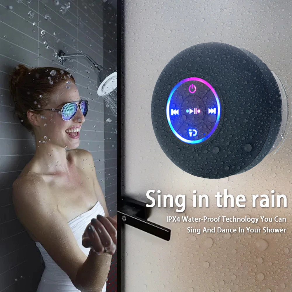 Altavoz portátil inalámbrico con Bluetooth, luz LED IPX4, resistente al agua, para exteriores, baño, ventosa grande, caja de sonido estéreo