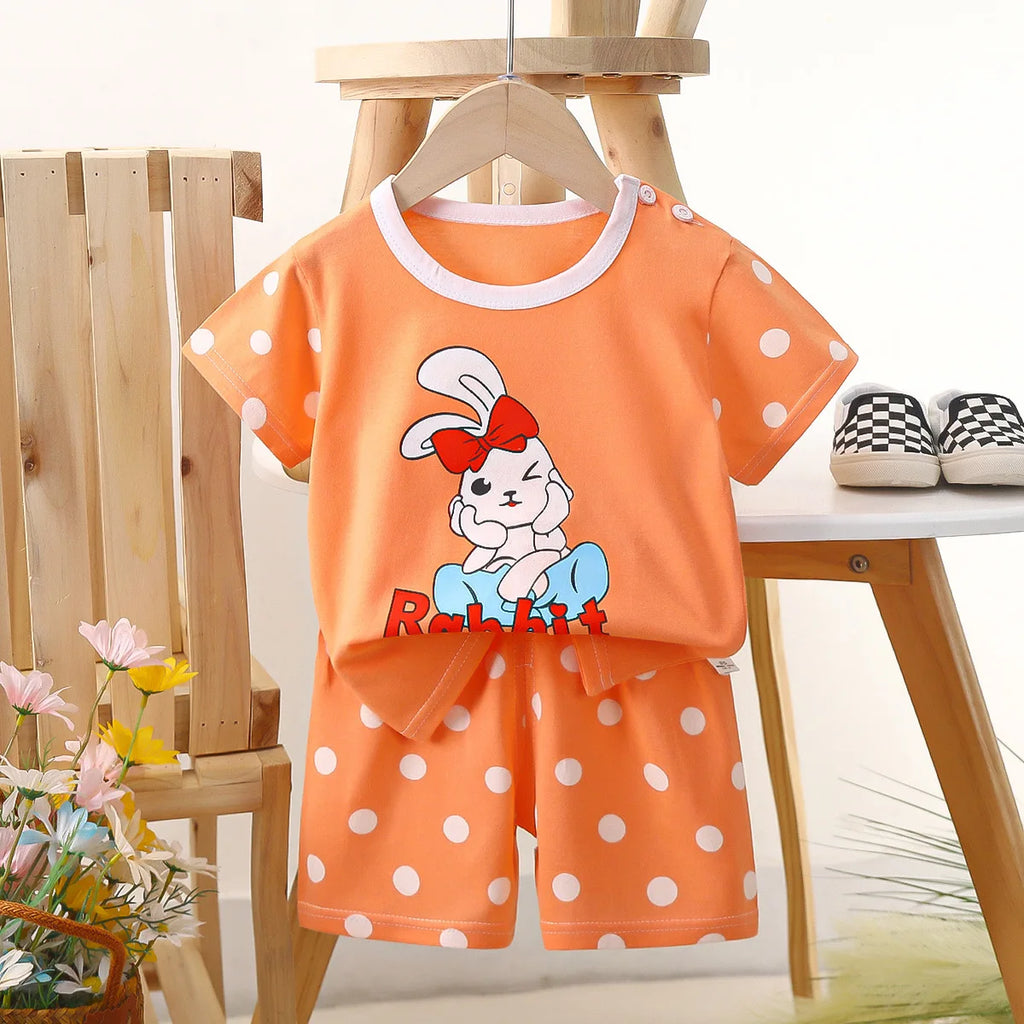 Conjunto de manga corta para niños, ropa de verano de algodón puro, camiseta fina para niñas, ropa para bebés