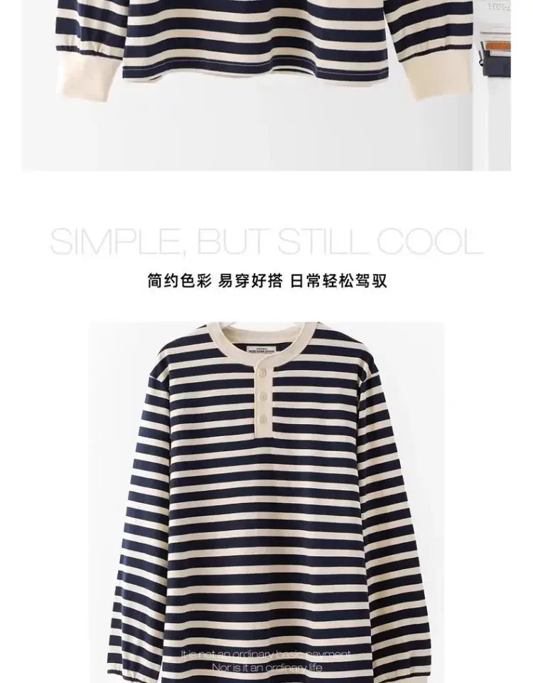 Camiseta de Manga Larga con Cuello Henley a Rayas Azul Marino y Crema para Mujer, Estilo Casual, Holgada, para Uso Diario