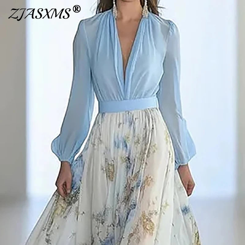 Batas mujer elegante estampado Floral Patchwork Maxi vestido Sexy cuello en V cintura alta vestido largo primavera Puff mangas vestido bohemio suelto