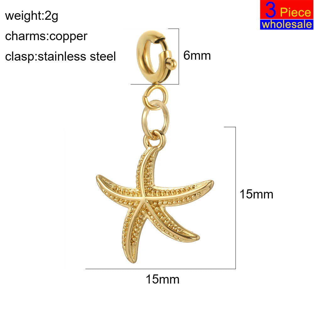 3 uds de 6mm de acero inoxidable hebilla de resorte dorada lindo verano playa océano cocotero concha de tortuga estrella de mar dijes colgante
