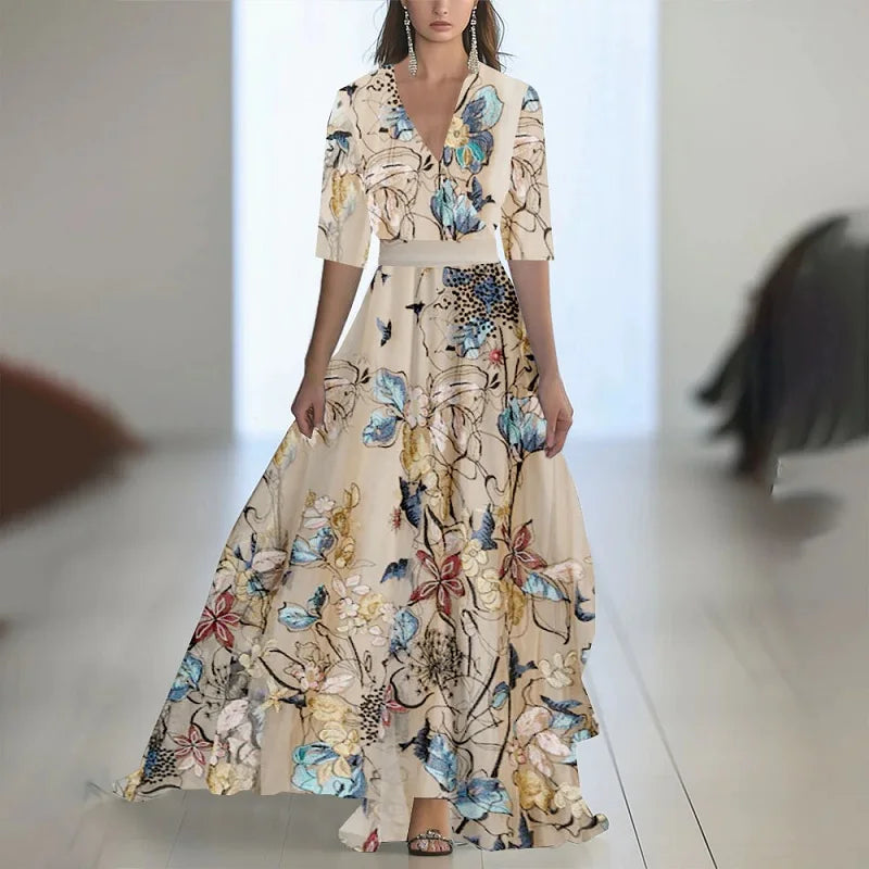 Batas mujer elegante estampado Floral Patchwork Maxi vestido Sexy cuello en V cintura alta vestido largo primavera Puff mangas vestido bohemio suelto