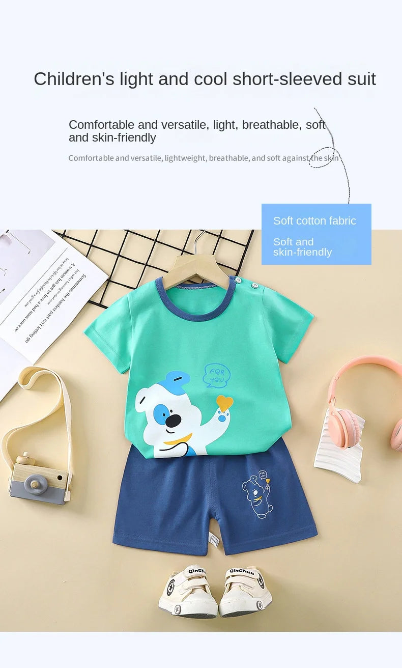 Conjunto de manga corta para niños, ropa de verano de algodón puro, camiseta fina para niñas, ropa para bebés