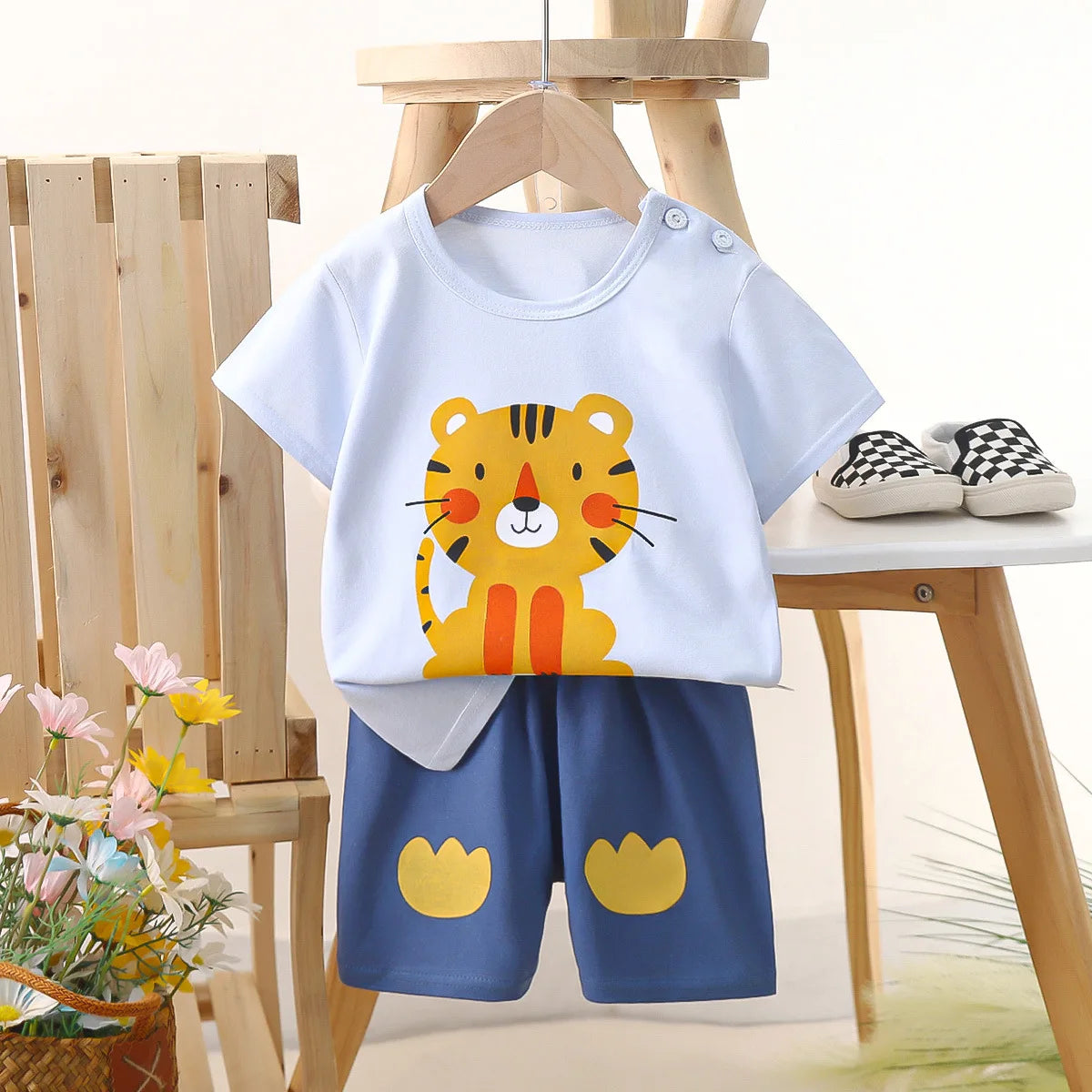 Conjunto de manga corta para niños, ropa de verano de algodón puro, camiseta fina para niñas, ropa para bebés