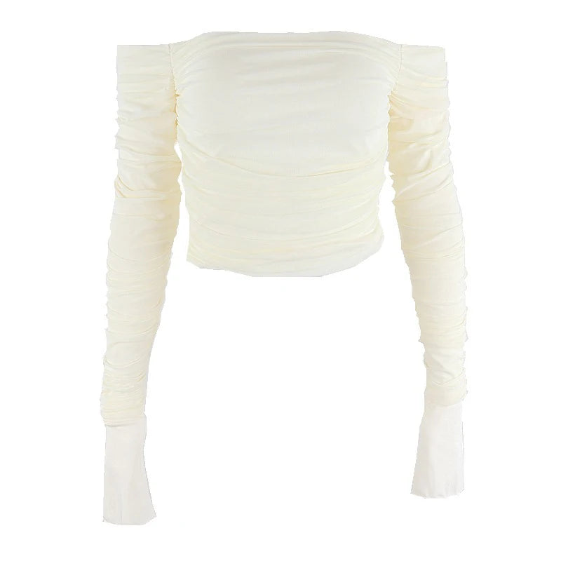 Camiseta de retales de malla para mujer, Top corto de manga larga fruncido con hombros descubiertos, Bodycon Sexy, ropa de calle elegante para primavera y verano 2024