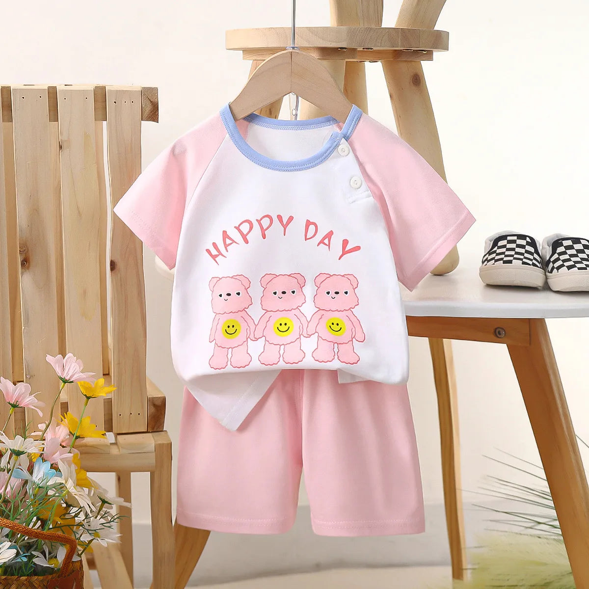 Conjunto de manga corta para niños, ropa de verano de algodón puro, camiseta fina para niñas, ropa para bebés