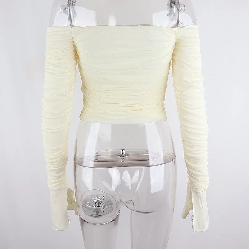 Camiseta de retales de malla para mujer, Top corto de manga larga fruncido con hombros descubiertos, Bodycon Sexy, ropa de calle elegante para primavera y verano 2024