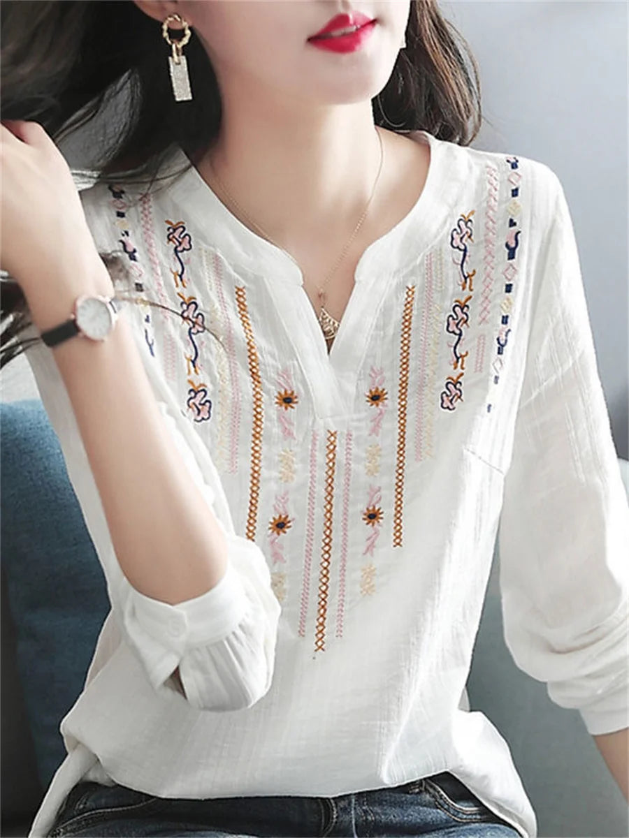 Blusas blancas de primavera y otoño para mujer, Tops informales con bordado y cuello en V, Blusas holgadas Vintage de manga larga DF4272
