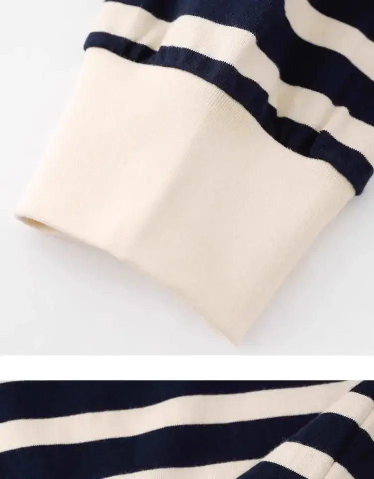 Camiseta de Manga Larga con Cuello Henley a Rayas Azul Marino y Crema para Mujer, Estilo Casual, Holgada, para Uso Diario