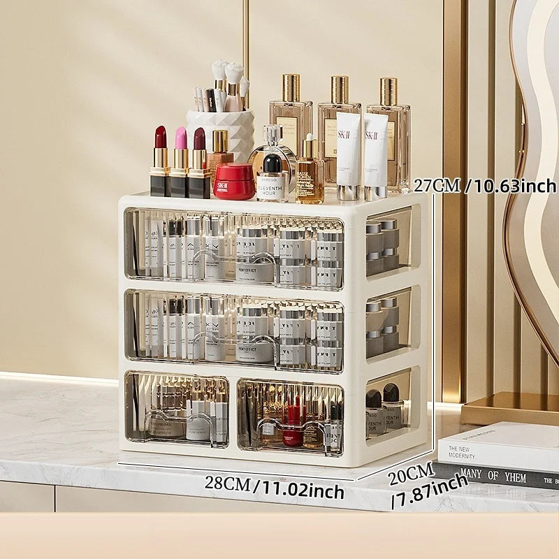 Caja de cosméticos de color crema, organizador de lápiz labial/máscara multicompartimento, cómoda para el cuidado de la piel/pinceles de maquillaje, 1-4 niveles