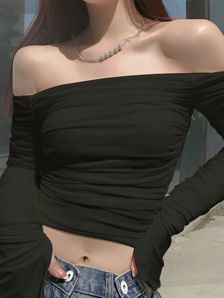 Camiseta de retales de malla para mujer, Top corto de manga larga fruncido con hombros descubiertos, Bodycon Sexy, ropa de calle elegante para primavera y verano 2024