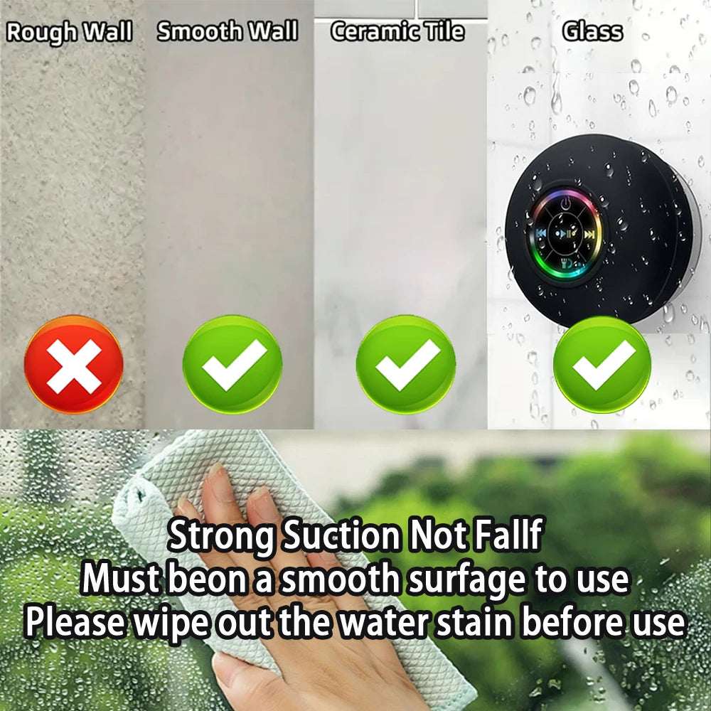 Altavoz portátil inalámbrico con Bluetooth, luz LED IPX4, resistente al agua, para exteriores, baño, ventosa grande, caja de sonido estéreo