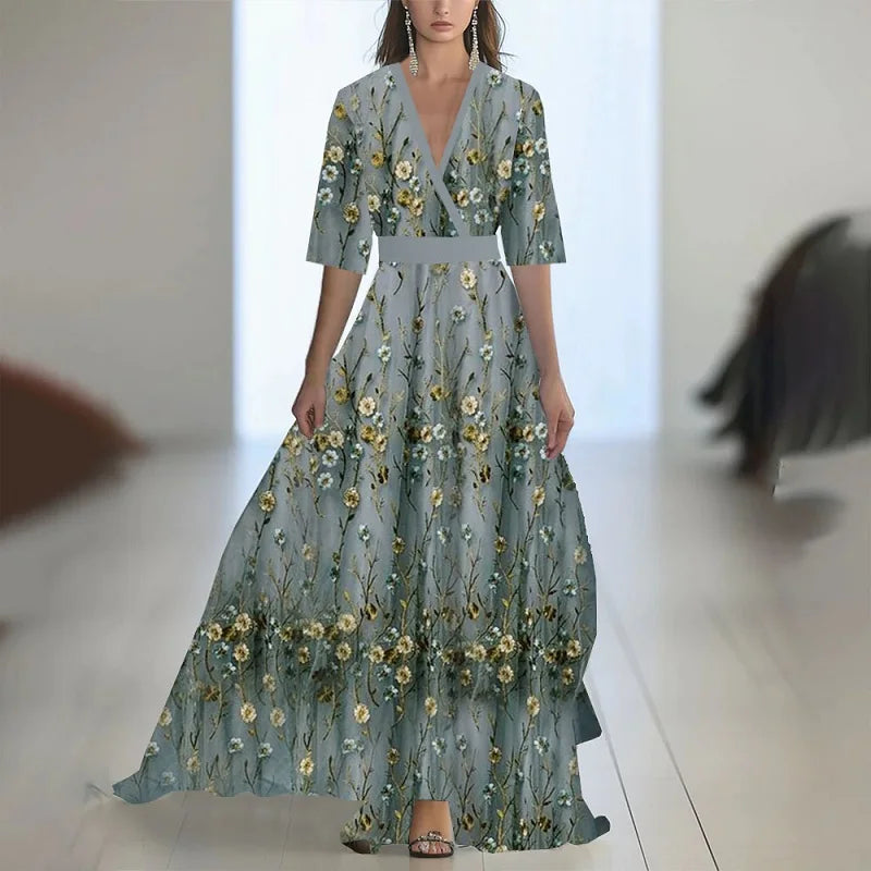 Batas mujer elegante estampado Floral Patchwork Maxi vestido Sexy cuello en V cintura alta vestido largo primavera Puff mangas vestido bohemio suelto