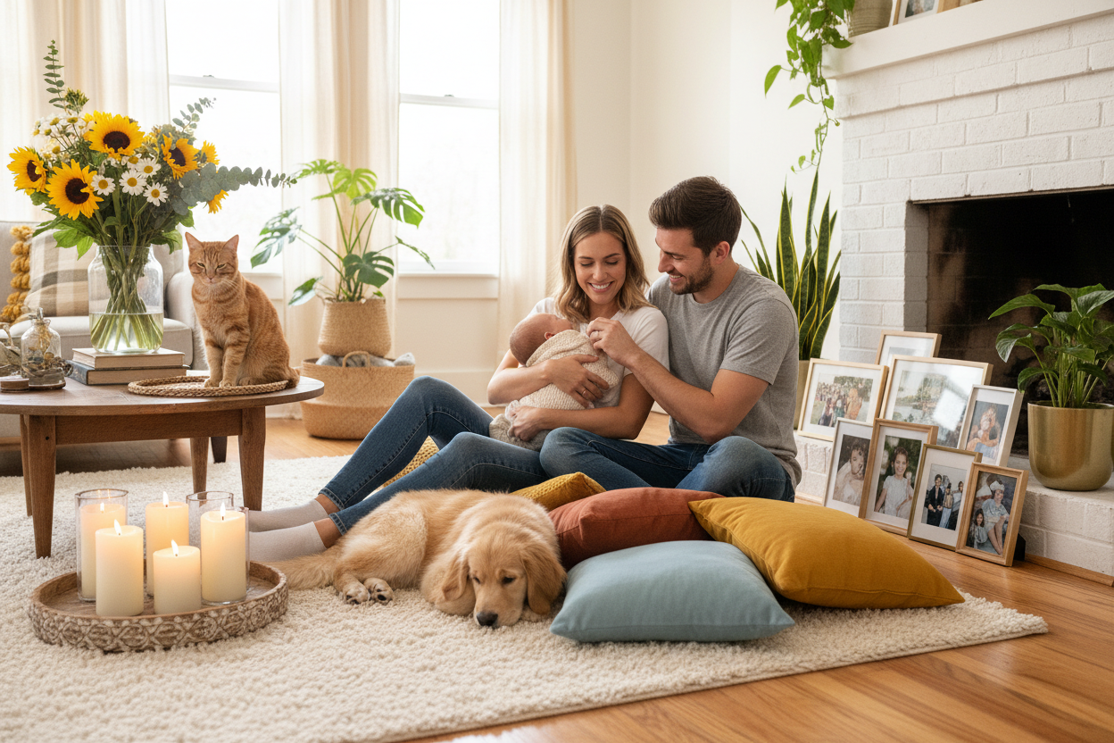 Familia en living con mascotas y decoración
